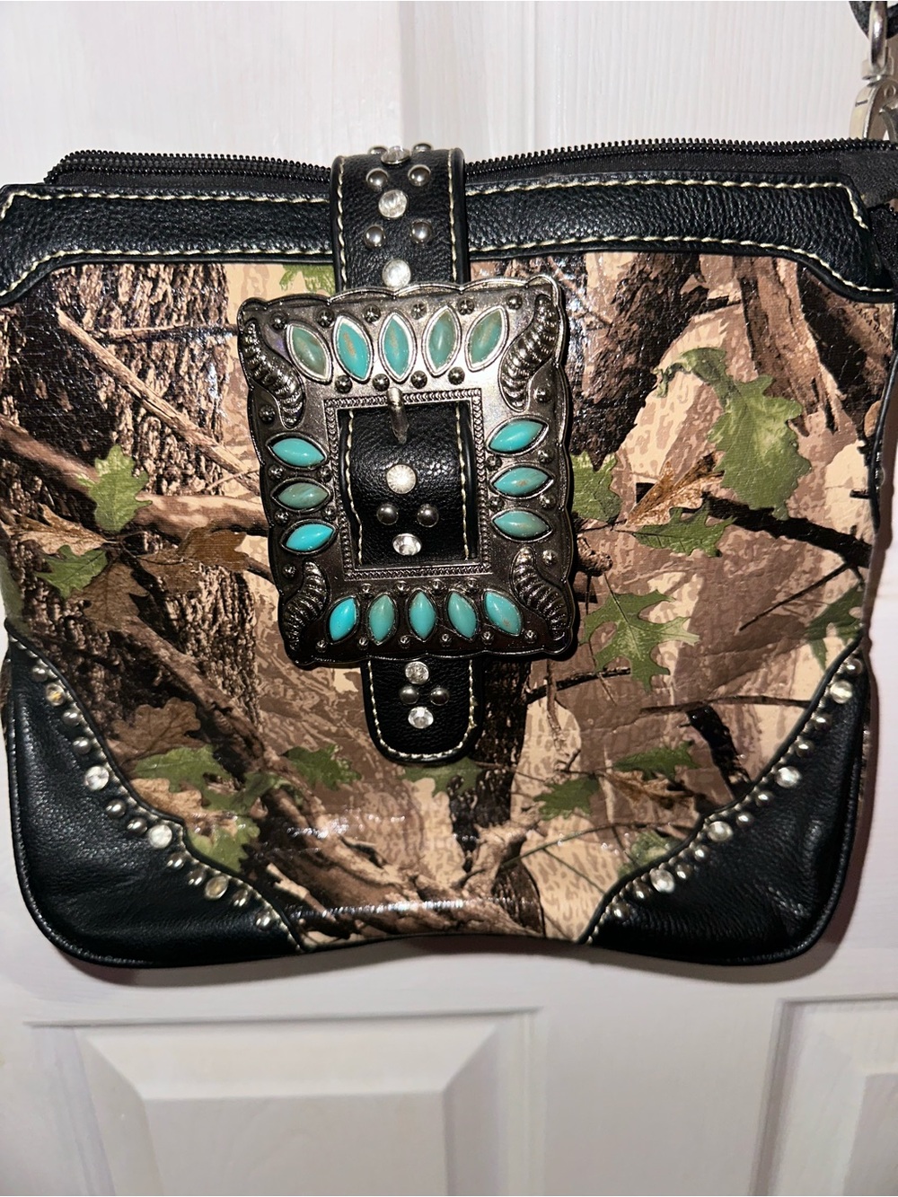 Montana West Black Camo Concealed Carry Crossbody with Turquoise Accent Buckle